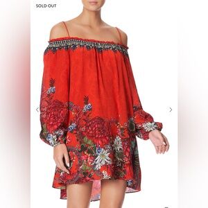 $599 New Camilla off shoulder 100% silk dress with neck tie Wondering waratah